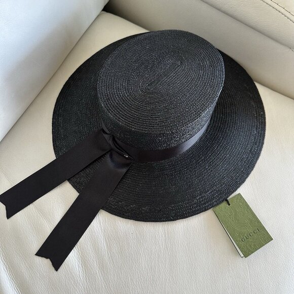 NWT GUCCI Straw Hat Black Ribbon How GG Sz L - Picture 9 of 12